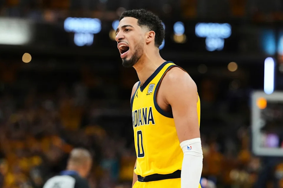 Tyrese Haliburton reacts to a foul call during the second half of the Knicks’ 125-108 season-ending Game 6 win over the Pacers on May 31, 2025. AP