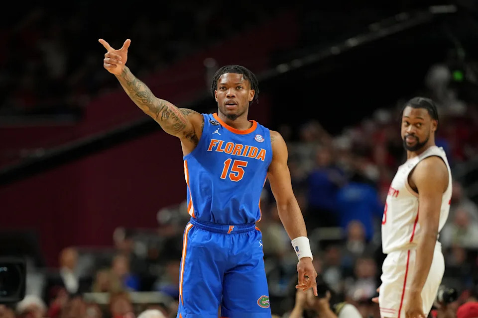 Apr 7, 2025; San Antonio, TX, USA; Florida Gators guard Alijah Martin (15) reacts after a play against the Houston Cougars during the second half of the national championship game of the Final Four of the 2025 NCAA Tournament at the Alamodome. Mandatory Credit: Bob Donnan-Imagn Images