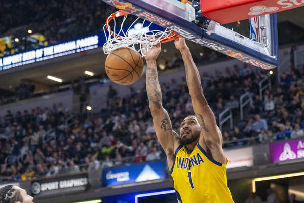 Indiana Pacers forward Obi Toppin (1) scores during the first half of an NBA basketball game against the Golden State Warriors in Indianapolis, Friday, Jan. 10, 2025. (Image via AP Photo/Doug McSchooler) Tyrese Haliburton's injury status (January 29, 2025)