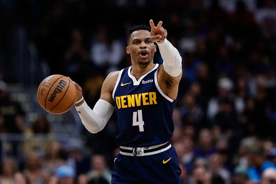 Denver Nuggets guard Russell Westbrook (4) gestures as he dribbles the ball up court in the third quarter against the San Antonio Spurs at Ball Arena. Mandatory Credit: Isaiah J. Downing-Imagn ImagesIsaiah J. Downing-Imagn Images