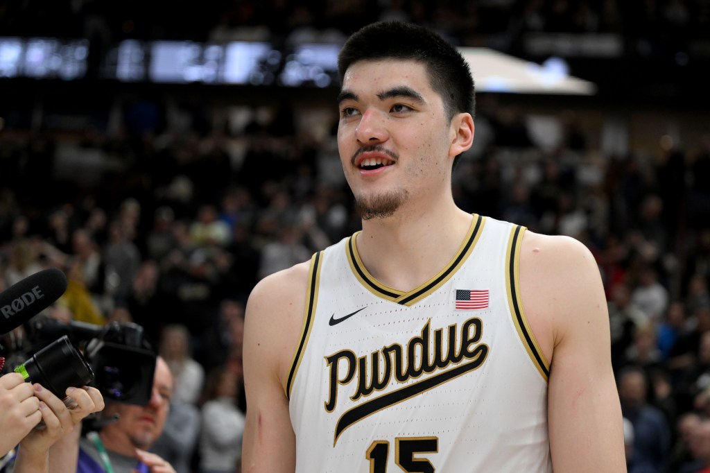 Zach Edey #15 of the Purdue Boilermakers celebrates a victory.