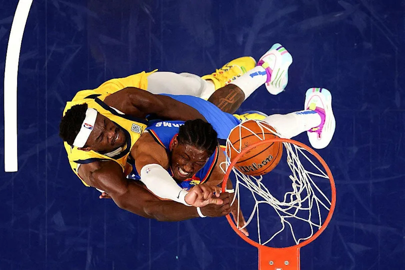Pascal Siakam #43 of the Indiana Pacers dunks against Jalen Williams #8 of the Oklahoma City Thunder