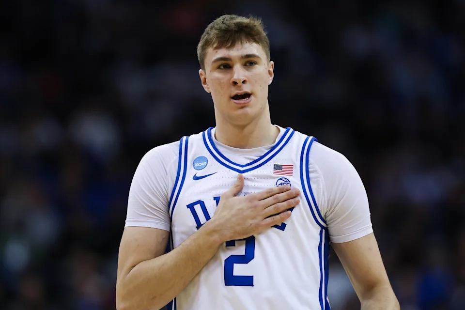 NEWARK, NEW JERSEY - MARCH 27: Cooper Flagg #2 of the Duke Blue Devils reacts against the Arizona Wildcats in the East Regional Sweet Sixteen round of the NCAA Men's Basketball Tournament at Prudential Center on March 27, 2025 in Newark, New Jersey. (Photo by Patrick Smith/Getty Images)Patrick Smith&sol;Getty Images