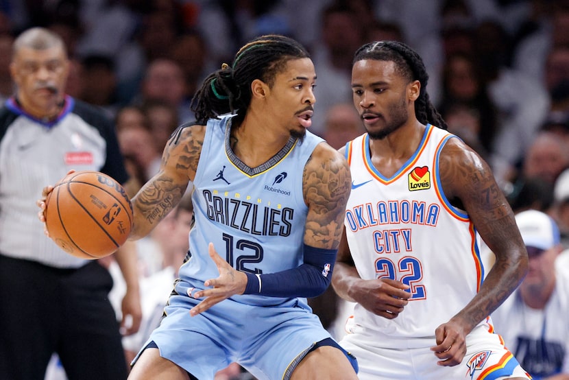 Memphis Grizzlies guard Ja Morant (12) looks for an outlet against Oklahoma City Thunder...