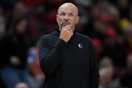 Dallas Mavericks head coach Jason Kidd looks on during the second half of an NBA basketball...