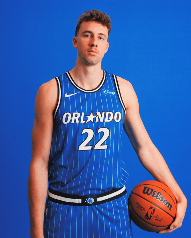 The new Icon blue jersey worn by Magic forward Franz Wagner. (Courtesy of Magic)