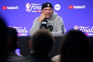 Dallas Mavericks head coach Jason Kidd answers questions from the media during a NBA Finals...