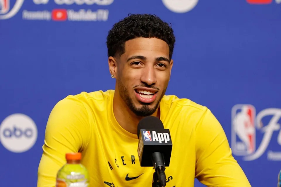 Indiana Pacers guard Tyrese Haliburton (0) during the NBA Finals Media Day at Paycom Center.Alonzo Adams-Imagn Images