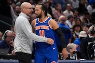 New York Knicks guard Jalen Brunson (11) and Dallas Mavericks head coach Jason Kidd hug...