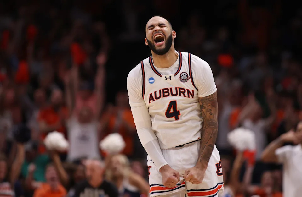 Mar 30, 2025; Atlanta, GA, USA; Auburn Tigers forward Johni Broome (4) celebrates after a play during the second half in the South Regional final of the 2025 NCAA tournament against the Michigan State Spartans at State Farm Arena. Mandatory Credit: Brett Davis-Imagn Images