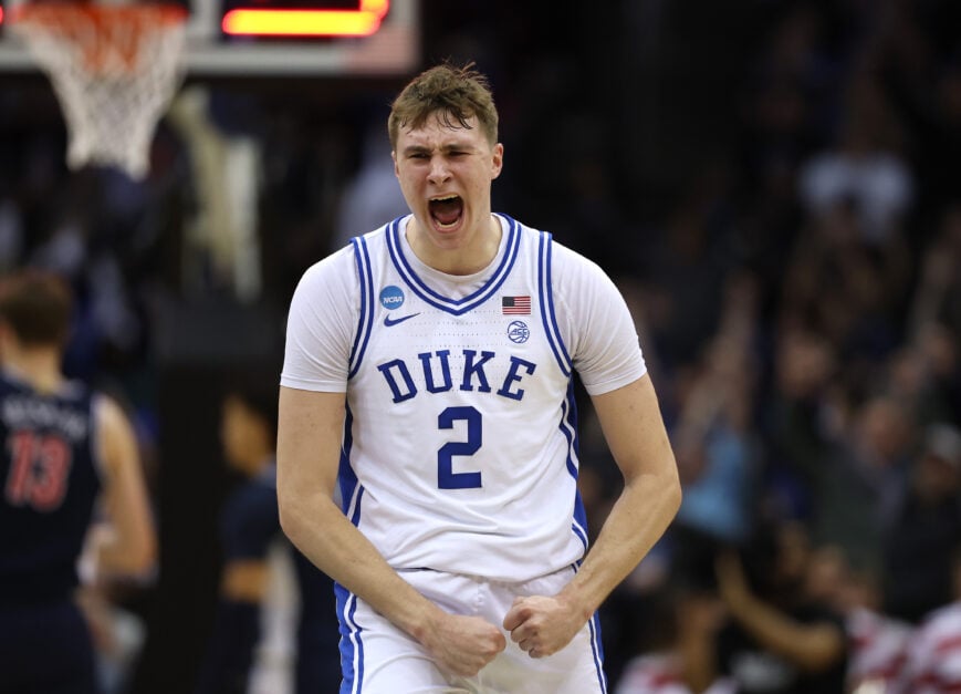 Cooper Flagg #2 of the Duke Blue Devils reacts after scoring a three point basket to end the first half against the Arizona Wildcats in the East Regional Sweet Sixteen round of the NCAA Men's Basketball Tournament
