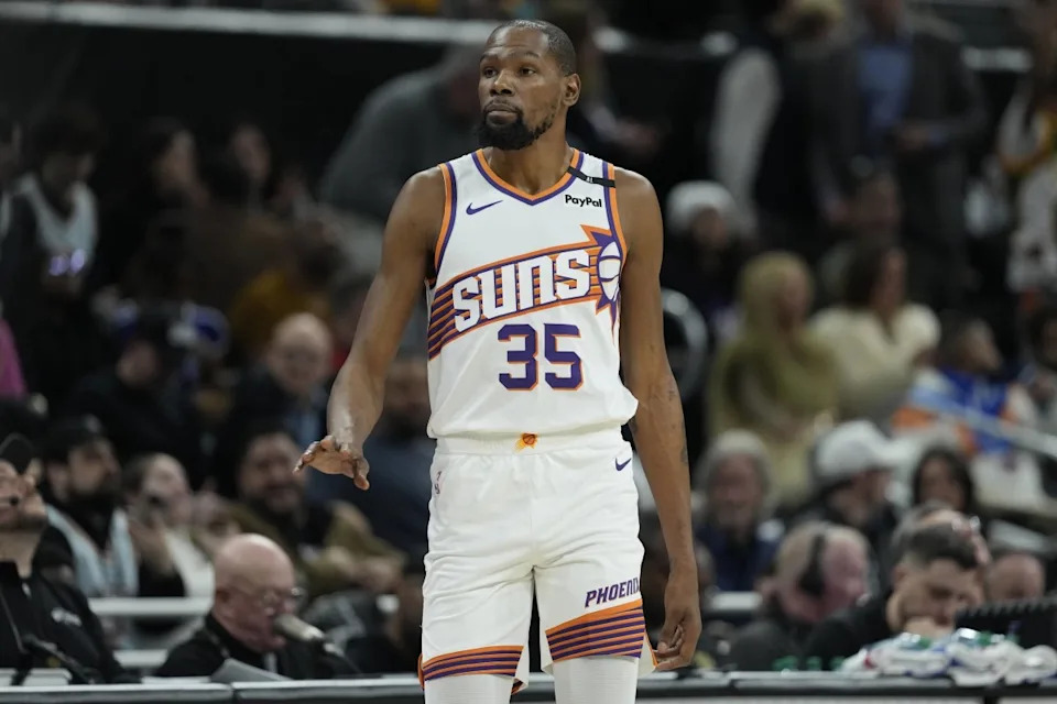Feb 20, 2025; Austin, Texas, USA; Phoenix Suns forward Kevin Durant (35) enters the game during the first half against the San Antonio Spurs at Moody Center. Mandatory Credit: Scott Wachter-Imagn ImagesMandatory Credit&colon; Scott Wachter-Imagn Images