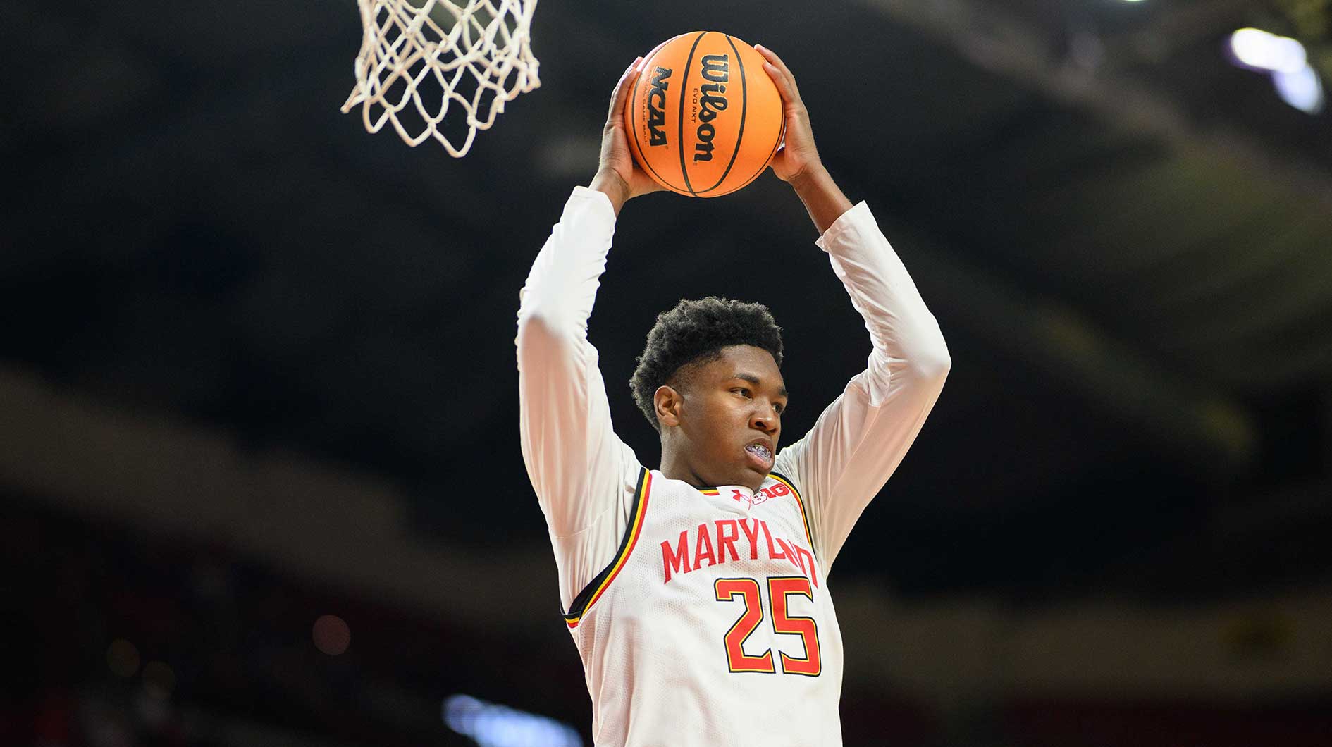 Maryland Terrapins center Derik Queen (25) rebounds the ball during the first half against the Nebraska Cornhuskers at Xfinity Center.