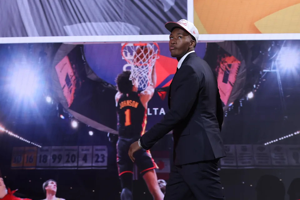 Jun 25, 2025; Brooklyn, NY, USA; Derik Queen reacts on stage after being selected as the 13th pick by the Atlanta Hawks in the first round of the 2025 NBA Draft at Barclays Center. Mandatory Credit: Brad Penner-Imagn Images