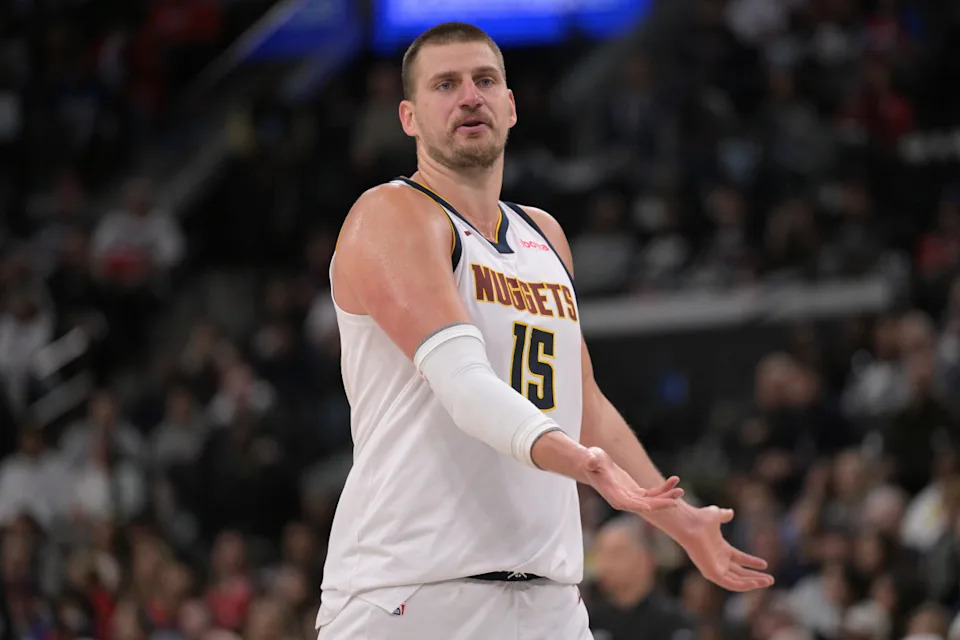 Denver Nuggets center Nikola Jokic reacts after not getting a foul against the Los Angeles Clippers at Intuit Dome.Jayne Kamin-Oncea-Imagn Images