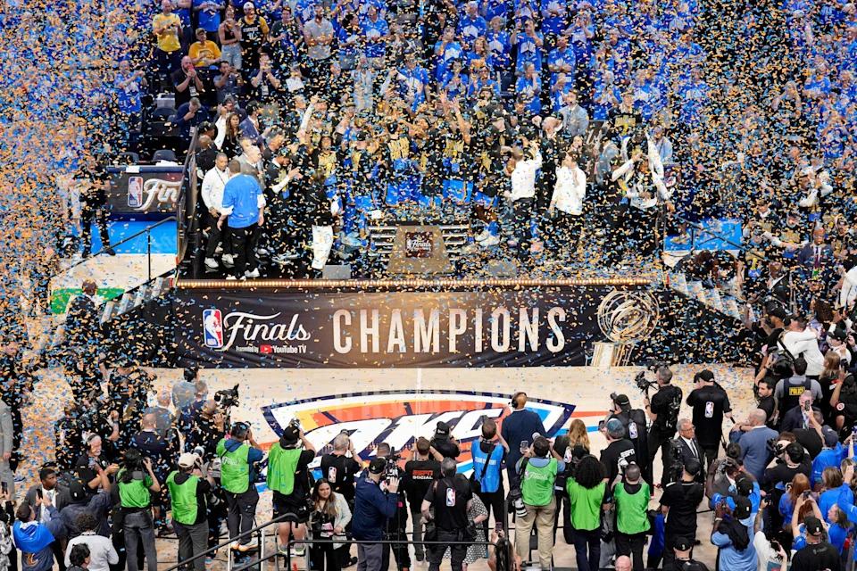 Jun 22, 2025; Oklahoma City, Oklahoma, USA; The Oklahoma City Thunder celebrate after winning game seven of the 2025 NBA Finals against the Indiana Pacers at Paycom Center. Mandatory Credit: Kyle Terada-Imagn Images