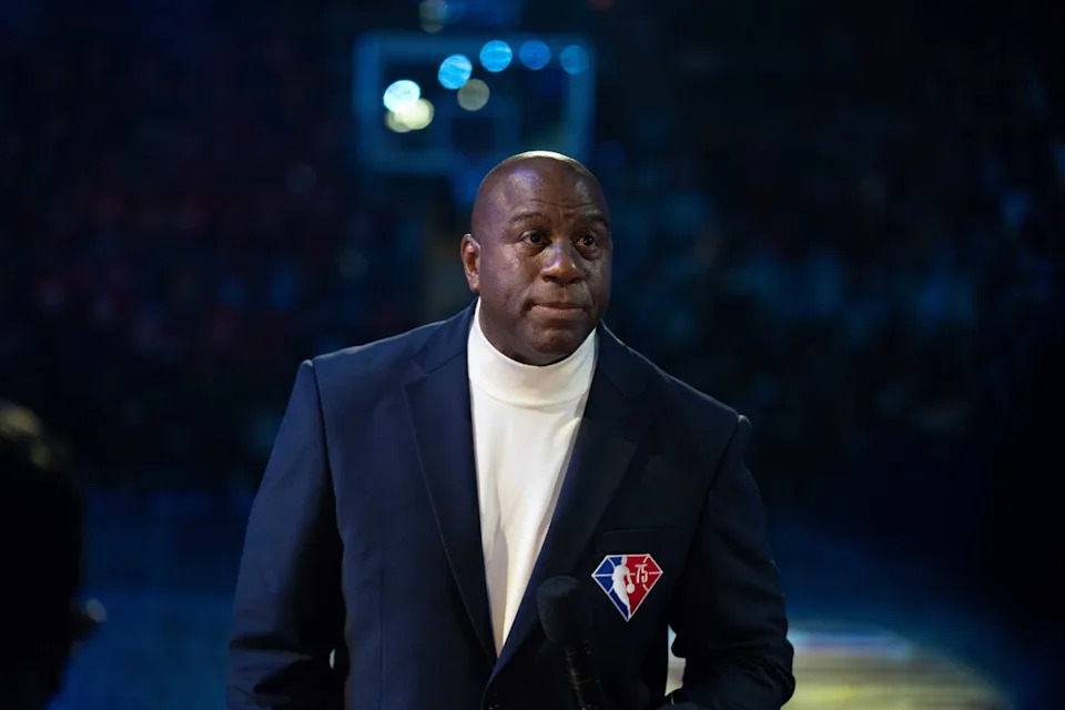 NBA great Magic Johnson before the 2022 NBA All-Star Game at Rocket Mortgage FieldHouse.Kyle Terada-USA TODAY Sports