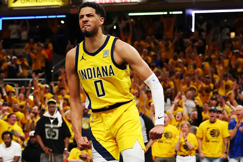 INDIANAPOLIS, INDIANA - MAY 31: Tyrese Haliburton #0 of the Indiana Pacers celebrates a basket against the New York Knicks during the second quarter in Game Six of the Eastern Conference Finals of the 2025 NBA Playoffs at Gainbridge Fieldhouse on May 31, 2025 in Indianapolis, Indiana. NOTE TO USER: User expressly acknowledges and agrees that, by downloading and or using this photograph, User is consenting to the terms and conditions of the Getty Images License Agreement. (Photo by Gregory Shamus/Getty Images)