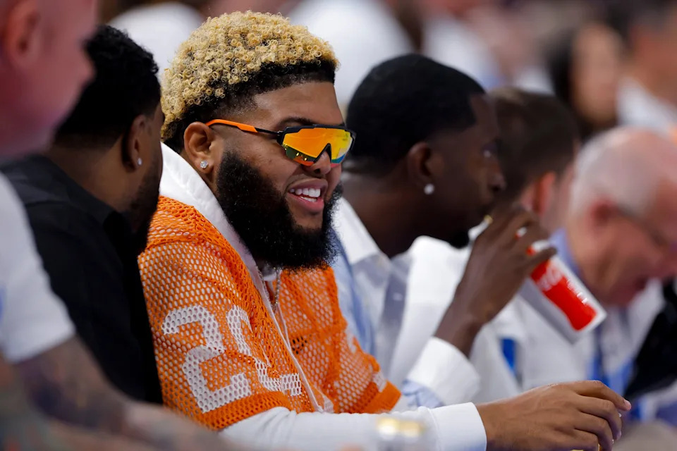 Jun 5, 2025; Oklahoma City, Oklahoma, USA; Social media influencer Drew Desbordes, aka Druski, looks on during the first quarter between the Oklahoma City Thunder and the Indiana Pacers during game one of the 2025 NBA Finals at Paycom Center. Mandatory Credit: Alonzo Adams-Imagn Images