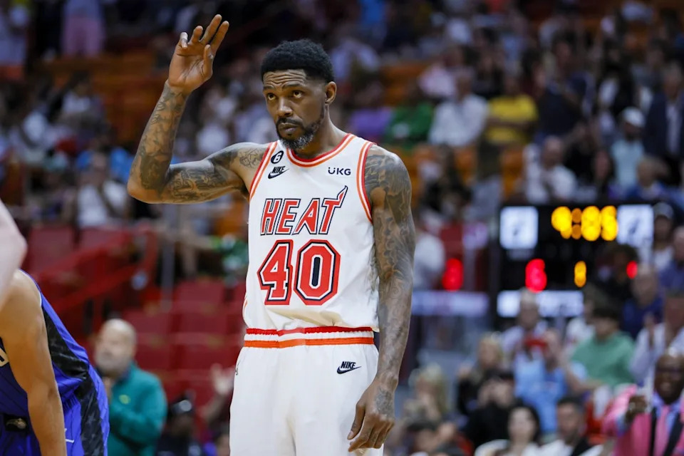 Miami Heat forward Udonis Haslem (40) reacts after entering the game during the first quarter at the Kaseya Center.Sam Navarro-USA TODAY Sports