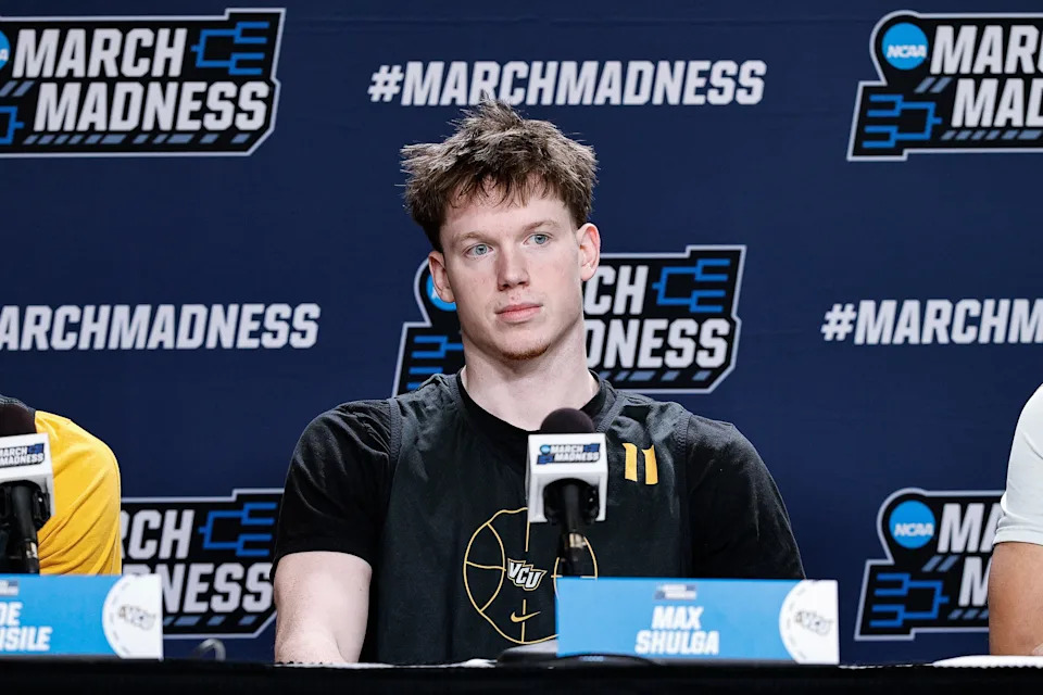 Mar 19, 2025; Denver, CO, USA; VCU Rams player Max Shulga during a press conference at Ball Arena. Mandatory Credit: Isaiah J. Downing-Imagn Images