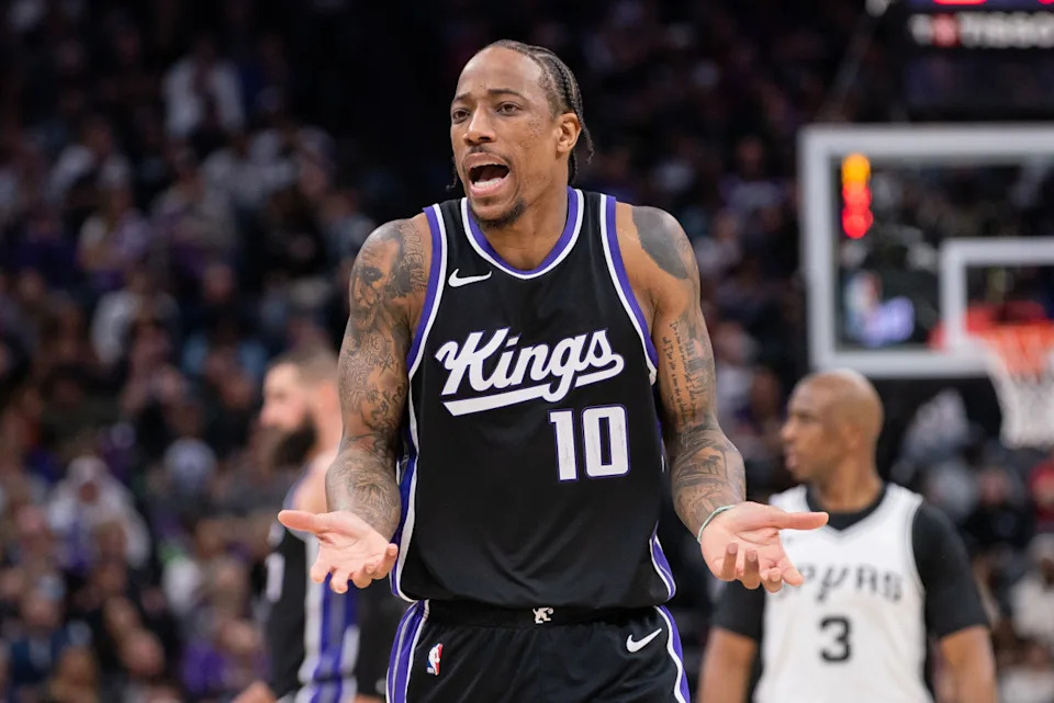Mar 7, 2025; Sacramento, California, USA; Sacramento Kings forward DeMar DeRozan (10) reacts to a call during the fourth quarter of the game against the San Antonio Spurs at Golden 1 Center.© Ed Szczepanski-Imagn Images