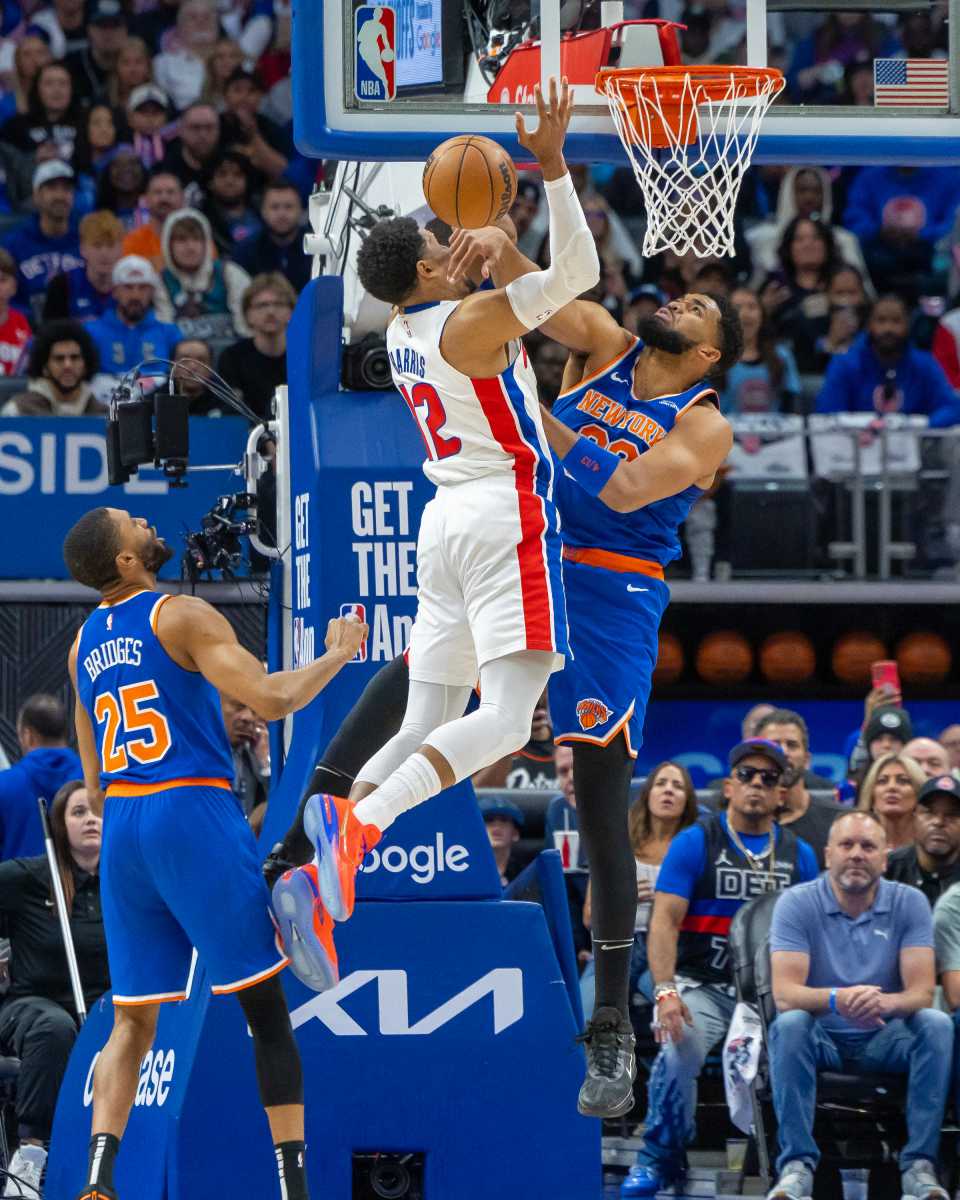 Knicks Karl-Anthony Towns on rebound  against Detroit Pistons in NBA playoffs
