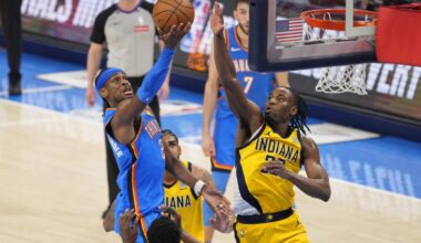 Oklahoma City Thunder guard Shai Gilgeous-Alexander (2) shoots the ball against Indiana Pacers forward Isaiah Jackson (22) during the second half during game two of the 2025 NBA Finals at Paycom Center.
