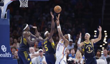 Oklahoma City Thunder guard Shai Gilgeous-Alexander (2) shoots as Indiana Pacers forward Jarace Walker (5) defends during the second half at Paycom Center.