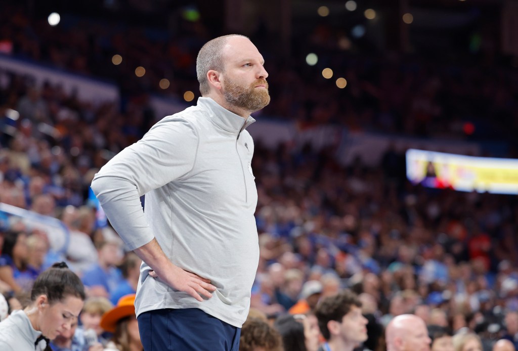 Memphis Grizzlies head coach Taylor Jenkins watches his team play against the Oklahoma City Thunder during the second half at Paycom Center.