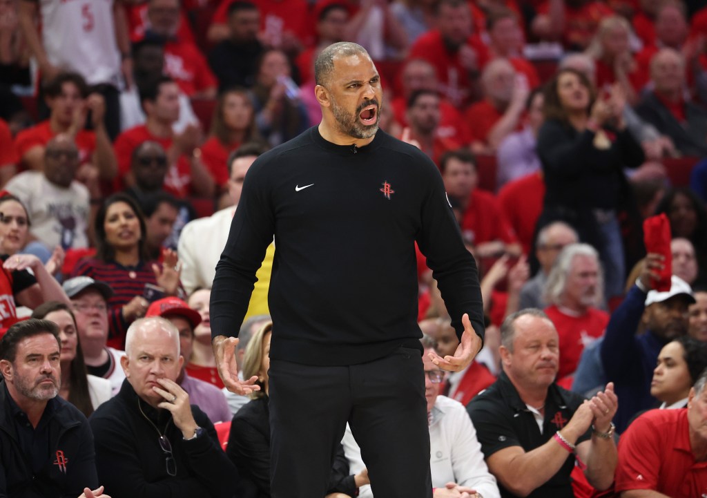 Houston Rockets head coach Ime Udoka reacts during game seven of the first round for the 2025 NBA Playoffs against the Golden State Warriors at Toyota Center. 