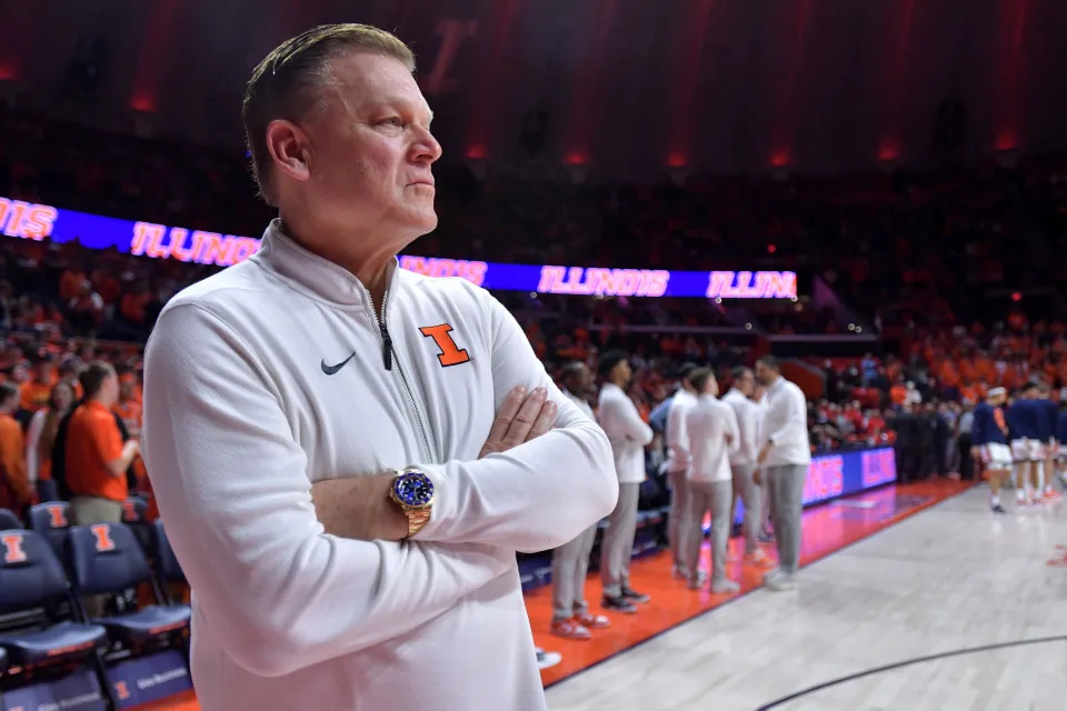 Jan 23, 2025; Champaign, Illinois, USA; Illinois Fighting Illini head coach Brad Underwood before the tipoff of a game with the Maryland Terrapins at State Farm Center. Mandatory Credit: Ron Johnson-Imagn Images
