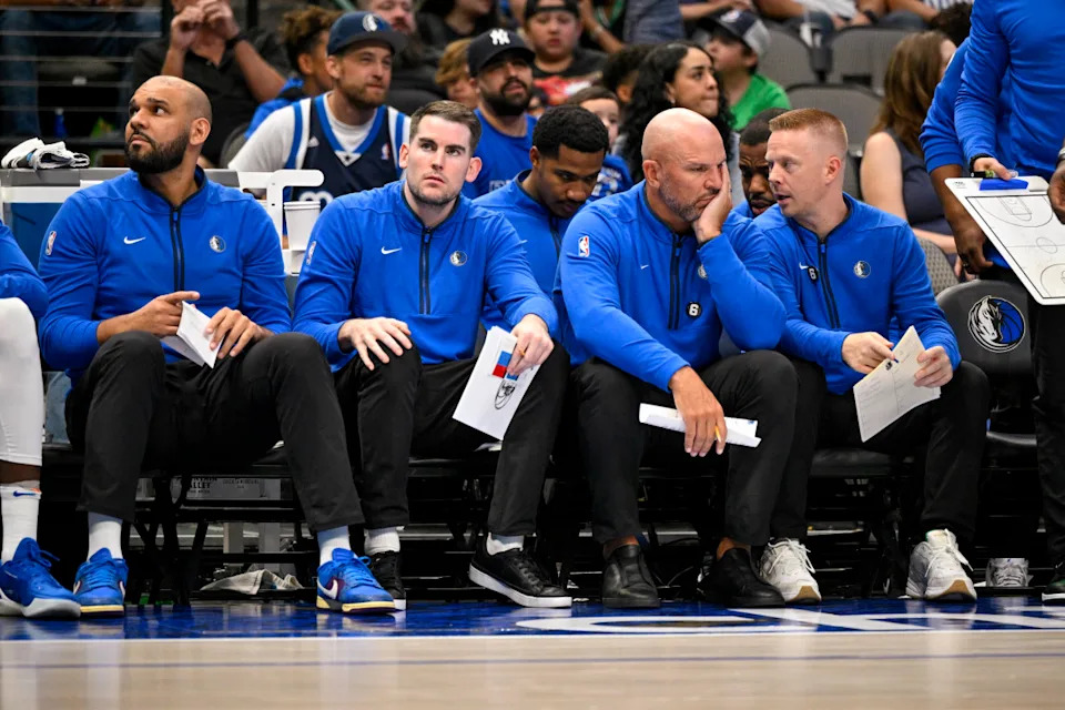 Dallas Mavericks assistant coach Jared Dudley (far left) and head coach Jason Kidd (second from right).Jerome Miron-Imagn Images