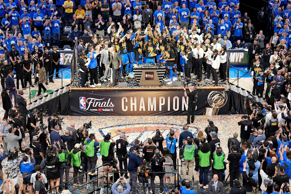 Jun 22, 2025; Oklahoma City, Oklahoma, USA; The Oklahoma City Thunder celebrate after winning game seven of the 2025 NBA Finals against the Indiana Pacers at Paycom Center. Mandatory Credit: Kyle Terada-Imagn Images