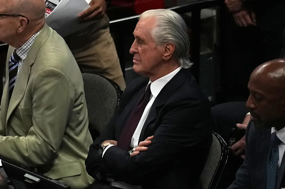 Jun 9, 2023; Miami, Florida, USA; Miami Heat president Pat Riley looks on during the second half in game four of the 2023 NBA Finals against the Denver Nuggets at Kaseya Center. Mandatory Credit: Jim Rassol-Imagn Images Mandatory Credit&colon; Jim Rassol-Imagn Images