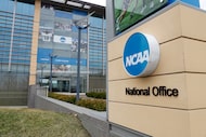 FILE - The NCAA headquarters in Indianapolis is seen on March 12, 2020. (AP Photo/Michael...