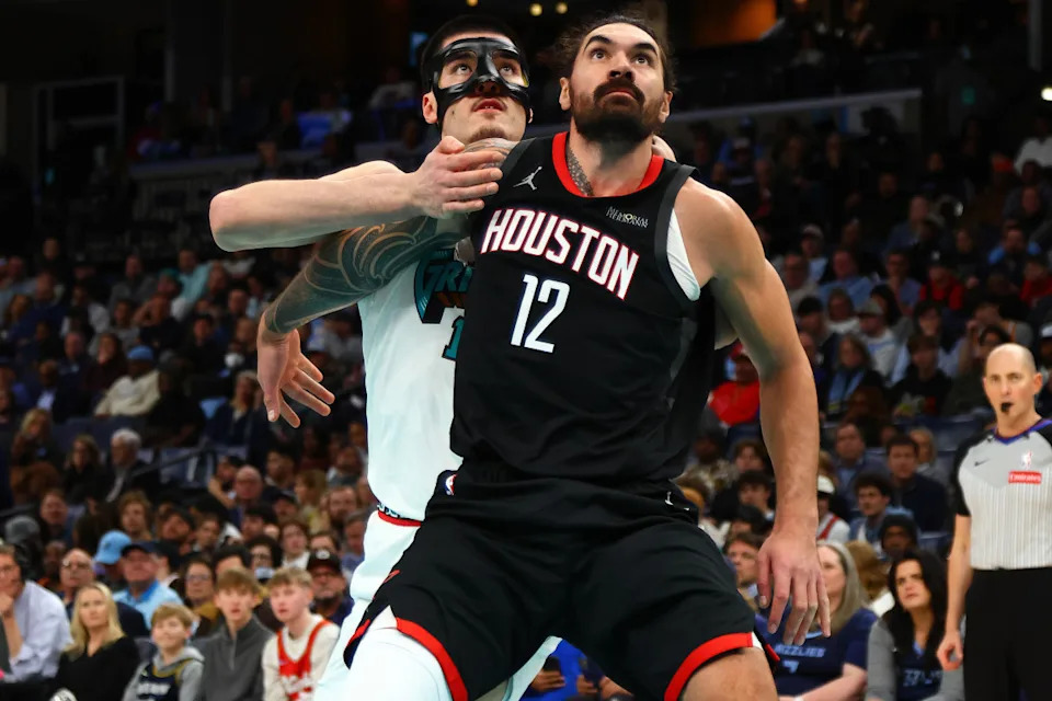 Jan 30, 2025; Memphis, Tennessee, USA; Houston Rockets center Steven Adams (12) boxes out Memphis Grizzlies center Zach Edey (14) during the second quarter at FedExForum. Mandatory Credit: Petre Thomas-Imagn Images Mandatory Credit: Petre Thomas-Imagn Images
