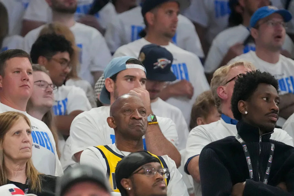 Indiana Pacers guard Tyrese Haliburton’s (0) father, John Haliburton, watches the action on the court Thursday, June 5, 2025, during Game 1 of the NBA Finals against the Oklahoma City Thunder at Paycom Center in Oklahoma City.