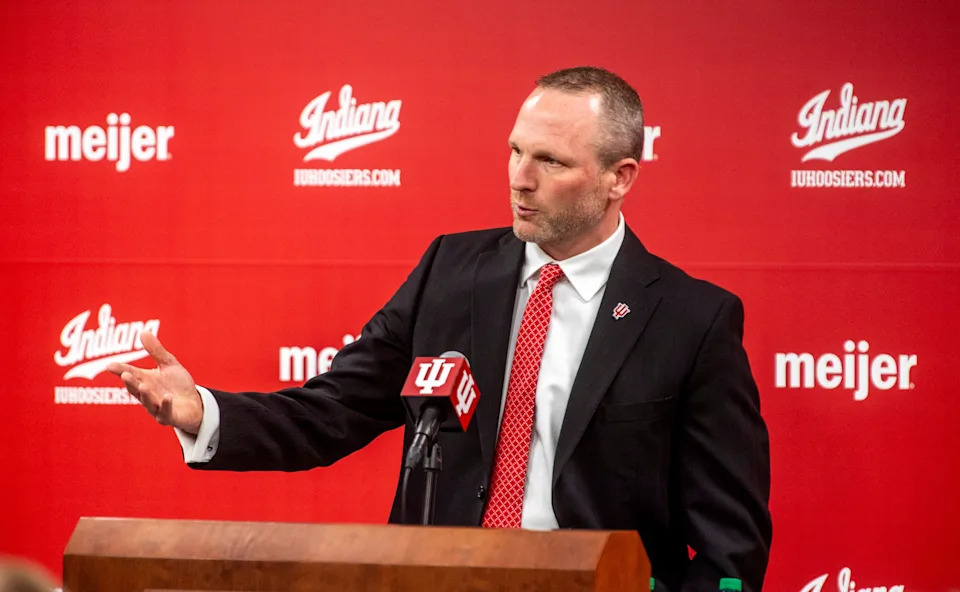 Indiana University men's basketball Head Coach Darian DeVries speaks at the introductory press conference at Simon Skjodt Assembly Hall on Wednesday, March 19, 2025.