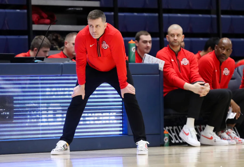Jan 30, 2025; University Park, Pennsylvania, USA; Ohio State Buckeyes head coach Jake Diebler looks on from the bench during the first half against the Penn State Nittany Lions at Rec Hall. Ohio State defeated Penn State 83-64. Mandatory Credit: Matthew O'Haren-Imagn Images