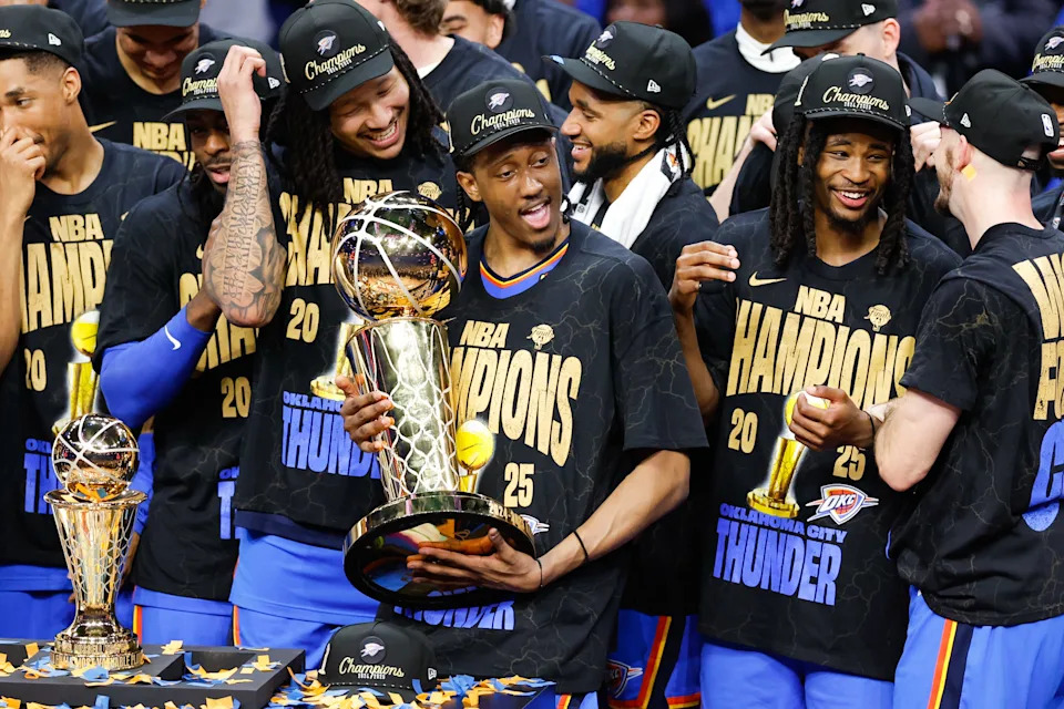 Jun 22, 2025; Oklahoma City, Oklahoma, USA; The Oklahoma City Thunder celebrate after winning game seven of the 2025 NBA Finals against the Indiana Pacers at Paycom Center. Mandatory Credit: Alonzo Adams-Imagn Images