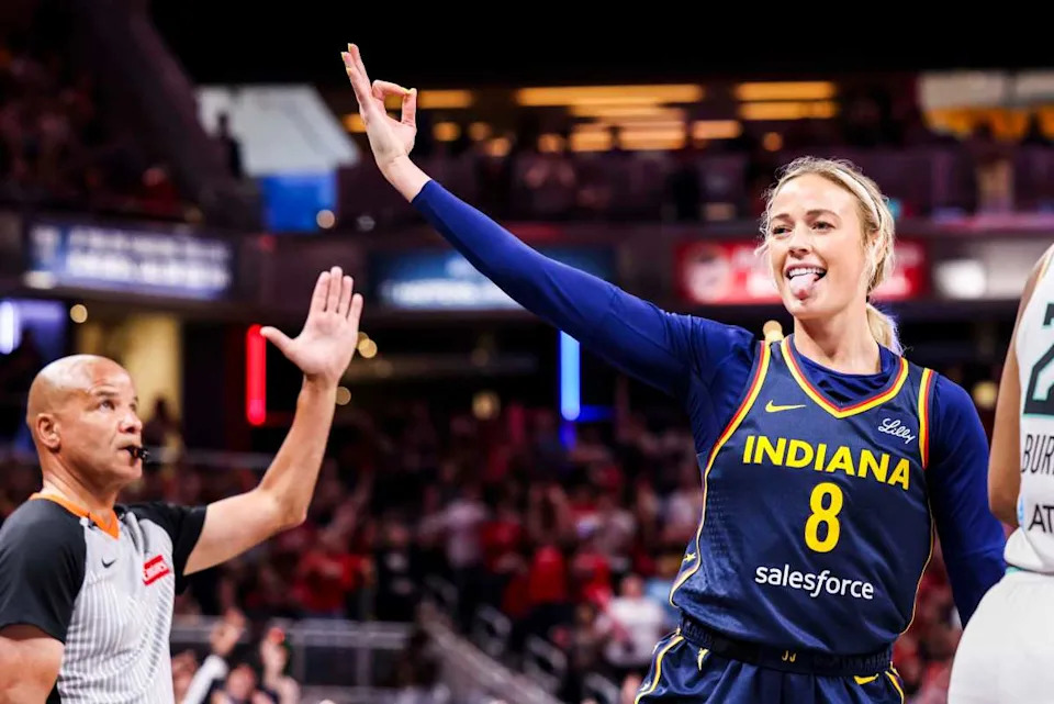 Indiana Fever guard Sophie Cunningham (8) celebrates a 3-pointer Saturday, June 14, 2025, during a game between the Indiana Fever and the New York Liberty at Gainbridge Fieldhouse in Indianapolis. The Indiana Fever defeated the New York Liberty, 102-88.© Grace Smith/IndyStar / USA TODAY NETWORK via Imagn Images