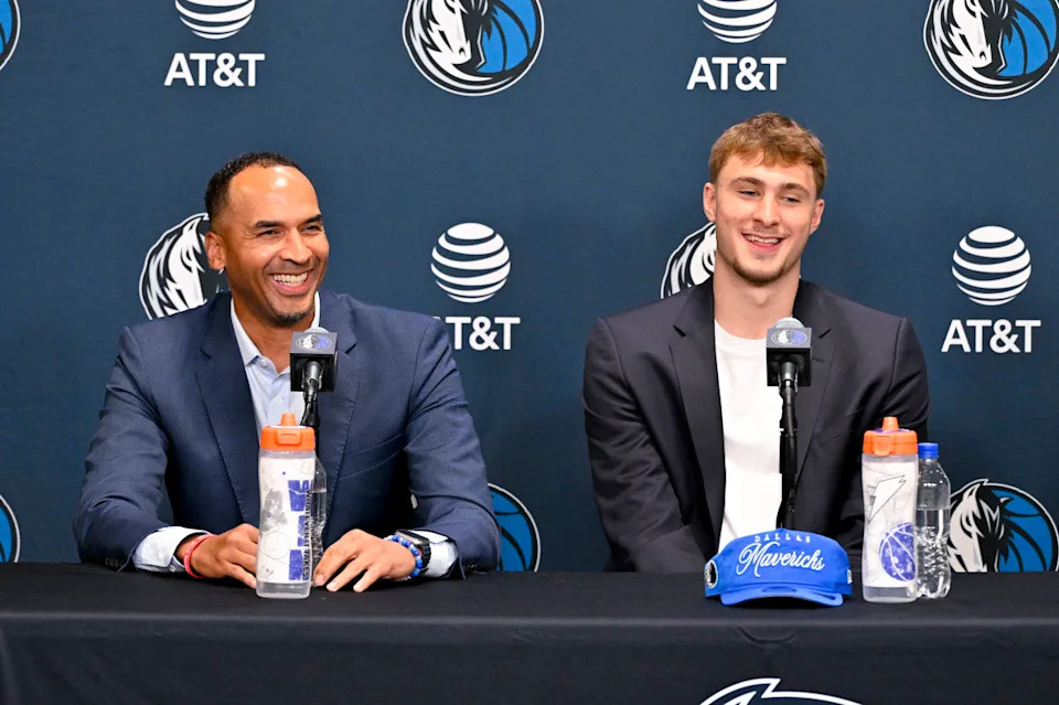 Dallas Mavericks general manager Nico Harrison (left) with Mavericks first overall pick Cooper Flagg (right).Jerome Miron-Imagn Images