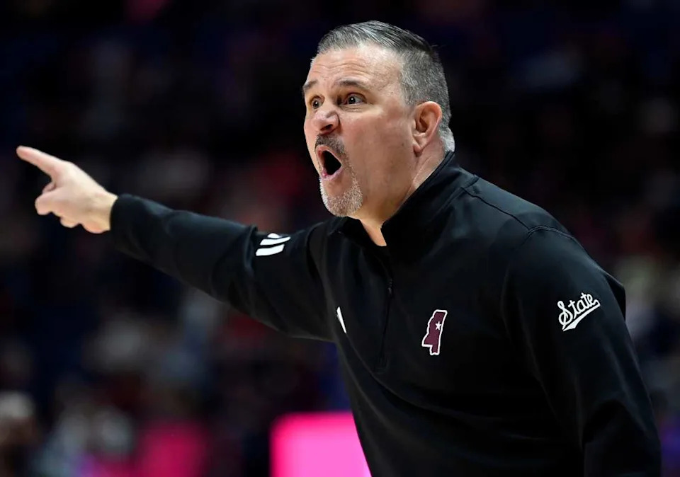 Mississippi State head coach Chris Jans yells to his players during a NCAA college basketball first round game.Mark Zaleski / The Tennessean / USA TODAY NETWORK via Imagn Images