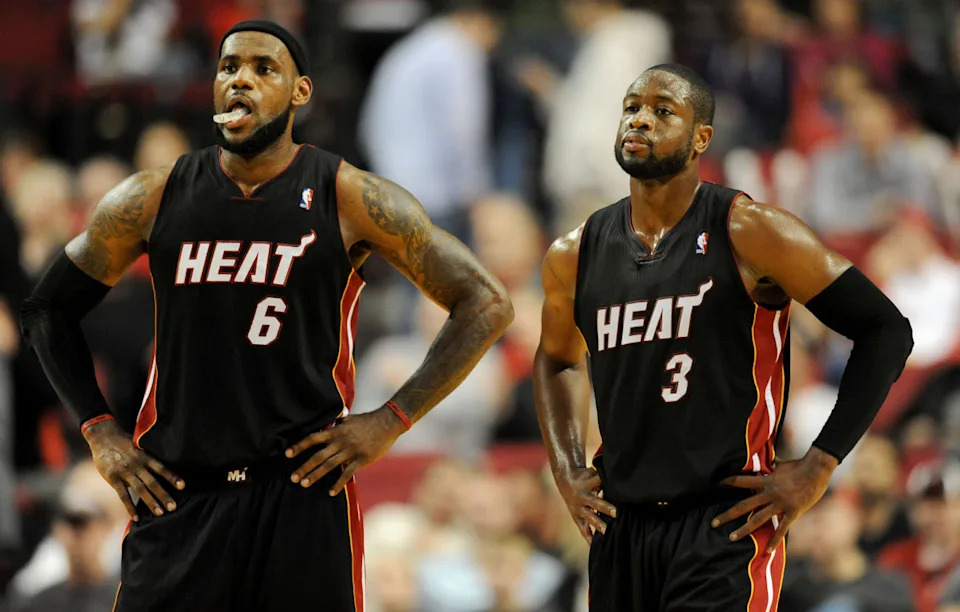 Miami Heat small forward LeBron James (6) and shooting guard Dwyane Wade (3).Steve Dykes-Imagn Images