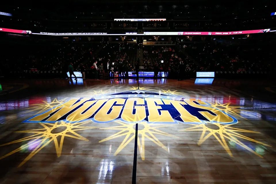 Mar 8, 2016; Denver, CO, USA; A general view of the Denver Nuggets logo on the floor prior to the game between the Denver Nuggets and the New York Knicks at the Pepsi Center.Isaiah J. Downing-Imagn Images