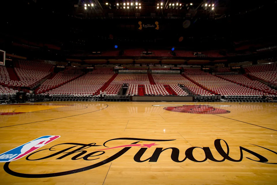 Basketball: NBA Finals: Closeup view of The Finals logo on court before game vs San Antonio Spurs at American Airlines Arena. Game 4.
Miami, FL 6/12/2014
CREDIT: John W. McDonough (Photo by John W. McDonough /Sports Illustrated via Getty Images)
(Set Number: X158314 TK1 )