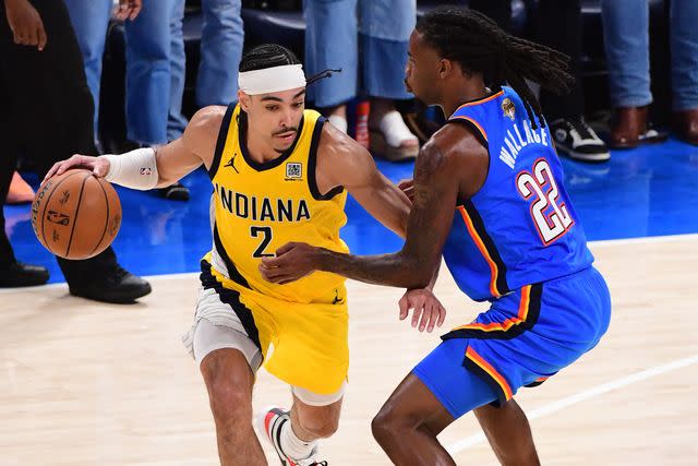 Adam Pantozzi/NBAE via Getty Andrew Nembhard in Game 7 of the NBA Finals on June 22, 2025