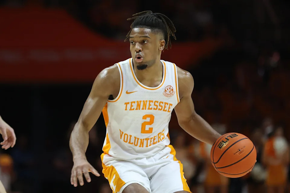 Feb 5, 2025; Knoxville, Tennessee, USA; Tennessee Volunteers guard Chaz Lanier (2) brings the ball up court against the Missouri Tigers during the first half at Thompson-Boling Arena at Food City Center. Mandatory Credit: Randy Sartin-Imagn Images