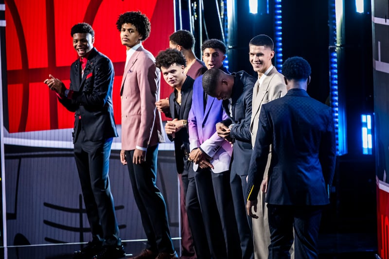 Egor Demin poses for a picture alongside fellow draftees at the NBA draft Wednesday, June 25, 2025. The former BYU star was selected No. 8 overall the Brooklyn Nets Wednesday, June 25, 2025.